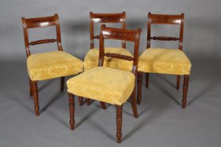 A SET OF FOUR GEORGE IV MAHOGANY DINING CHAIRS, the bar back with ebony and boxwood stringing,