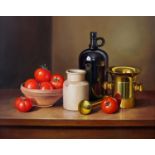 ARR ANDRAS GOMBAR (Hungarian, b.1946) Still life with tomatoes, pestle and mortar, demijohn, oil