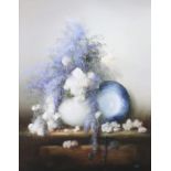 ARR J LEVIN (20th Century) Still life of blue and white flowers held in a vase on a table with