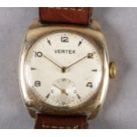 A VERTEX GENTLEMAN'S MANUAL WRISTWATCH, c1950, in 9ct gold cushion case no 12400 339554, signed 15