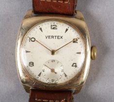 A VERTEX GENTLEMAN'S MANUAL WRISTWATCH, c1950, in 9ct gold cushion case no 12400 339554, signed 15