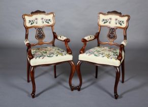 A PAIR OF EDWARD VII MAHOGANY AND INLAID OCCASIONAL ARMCHAIRS, each having a leaf and gadroon