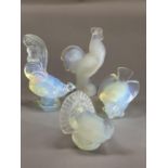 TWO SABINO OPALESCENT GLASS COCKERELS, A TURKEY AND A CHICK, all on circular plinths and signed