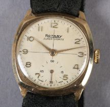 A ROTARY GENTLEMAN'S SUPER SPORTS MANUAL WRISTWATCH c1955 in 9ct gold cushion case no 682279, 15