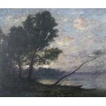 AFTER COROT (French, 19th Century), River landscape at dusk with moored punt and figure amongst