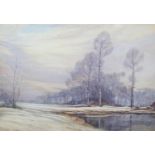 V I HULL, early to mid-20th century, Winter landscape of snow covered fields pond and woodland,