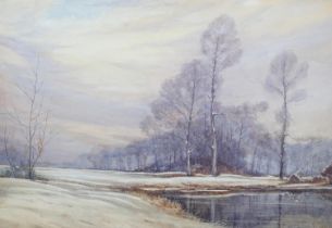 V I HULL, early to mid-20th century, Winter landscape of snow covered fields pond and woodland,