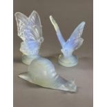 TWO SABINO OPALESCENT GLASS BUTTERFLIES AND SNAIL, each signed Sabino France to underside, 7cm and