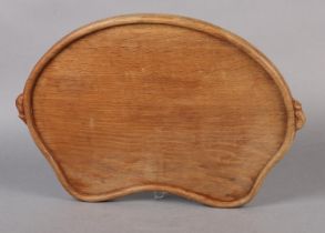 A THOMPSON OF KILBURN 'MOUSEMAN' OAK TRAY, of kidney shape with a mouse handle carved in high relief