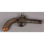 A PERCUSSION POCKET PISTOL C1840, rounded walnut chequered butt (at fault) with vacant oval