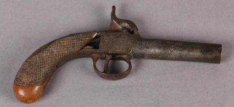 A PERCUSSION POCKET PISTOL C1840, rounded walnut chequered butt (at fault) with vacant oval