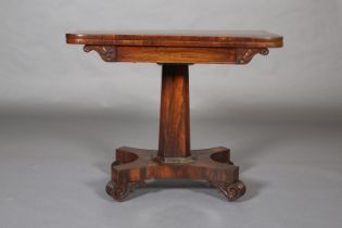 A MID VICTORIAN ROSEWOOD CARD TABLE, having a rectangular fold over top with rounded corners and