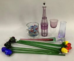 Florence amethyst overlay glass decanter an amethyst tall stem glass, a tall green red and green