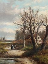 Abraham Hulk Jnr (1851-1922) Country pathway beside a cottage and stream with children gathering