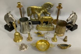 Quantity of brass comprising horse door porter, pewter tankards, wick trimmer, candlesticks, stag