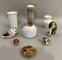 Royal Crown Derby paperweights modelled as a penguin, owl, ladybird and goldcrest, three Kaiser