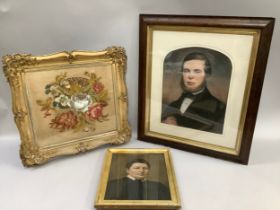 Victorian needlework and beadwork floral panel in gilt frame, 40cm x 44.5cm, head and shoulders