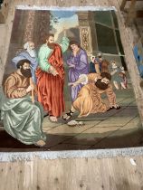 A wall hanging or rug woven with a biblical scene, 282cm x 145cm, fringe to top and bottom, with