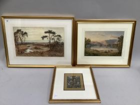 E Adams, 19th/20th century, landscape with shepherd, companion and sheep, watercolour, signed to