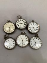 Six 19th century and early 20th century pocket watches all in silver open faced cases including an