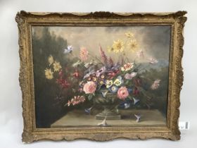 C Gobl, still life of summer flowers held in a pedestal vase on a table, oil on canvas, signed to