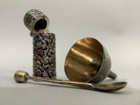 Silver and enamel scent bottle with glass liner, Chester 1883, a scent funnel and a silver gilt