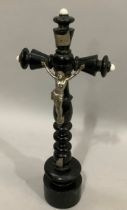 A Victorian ebonised and bobbin turned wood and silver plated crucifix, 36cm high