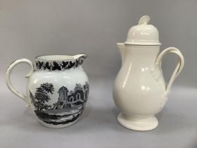 An 18th century pearlware black and white transfer jug, the ovoid body depicting hunting and fishing