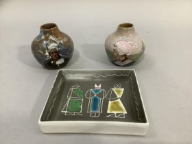 A Bourne Denby square dish painted with figures, signed Glyn Colledge to base together with two