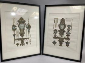 After Piranesi, a pair of Italian colour prints of elaborate clocks, blind stamp to margin, 73cm x