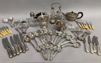 A suite of silver plated Kings patern cutlery for six including dinner knives and forks, dessert