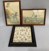 Two Chinese on silk paintings of fishermen, one in a boat casting a net and the other with a rod,