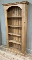 A pine open bookcase with plank back and four shelves