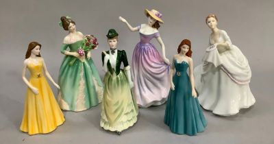 Five Royal Doulton figures including Happy Birthday, Beth, Aquarius, Gemini and another