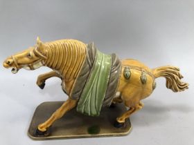 A Chinese pottery Tang Dynasty style horse, rearing on base, 28cm x 16cm