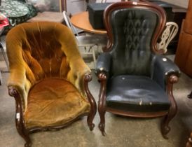 A Victorian mahogany button back parlour chair on splayed ornate legs on ceramic castors,