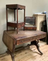 A regency mahogany sofa table with two small drawers and stretcher and a Victorian toilet mirror,