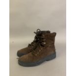 A pair of Tods brown suede army ankle boots, raised soles, front lacing, size 38, ribbed sides to
