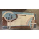 An Art Deco rug with geometric design in shades of turquoise, cream and brown, approx.145cm by