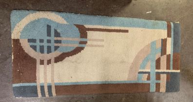 An Art Deco rug with geometric design in shades of turquoise, cream and brown, approx.145cm by