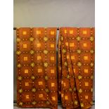 1970’s curtains, very long, one pair, in ginger with brown and orange geometric designs, a medium