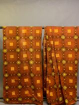 1970’s curtains, very long, one pair, in ginger with brown and orange geometric designs, a medium