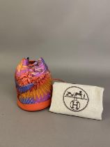Hermes Paris 2014 soie-cool sac, orange leather miniature drawstring bag with brightly patterned