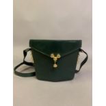 Escada: vintage dark green leather cross body rigid bucket bag with top flap and gold metal