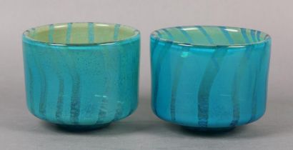 A pair of Mdina glass vases of turquoise and green vertical bands, etched signature to underside,