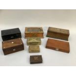 Quantity of trinket boxes including a brass bound example, a leather jewellery box a carved oak