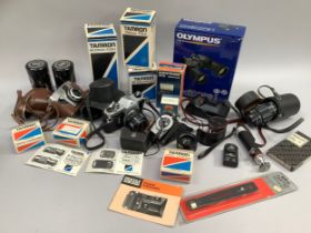 Pentax Asahi Spotmatic camera in original case, two Pentax 10million lenses, Olympus binoculars in