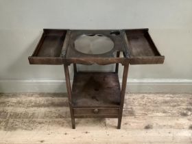 A Georgian mahogany washstand with foldover top with lower tier and drawer on square legs, 37cm x
