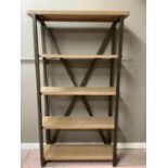 A set of contemporary metal and pine effect shelving with five shelves and crossed back, 101cm wide