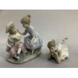 Lladro figure of a reclining ballerina, and Nao figure group of two girls and a baby